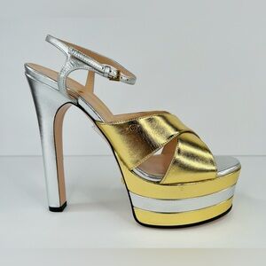 Gucci Crisscross Metallic Leather Straps Platform Heel Logo Sandals Size EU 39.5